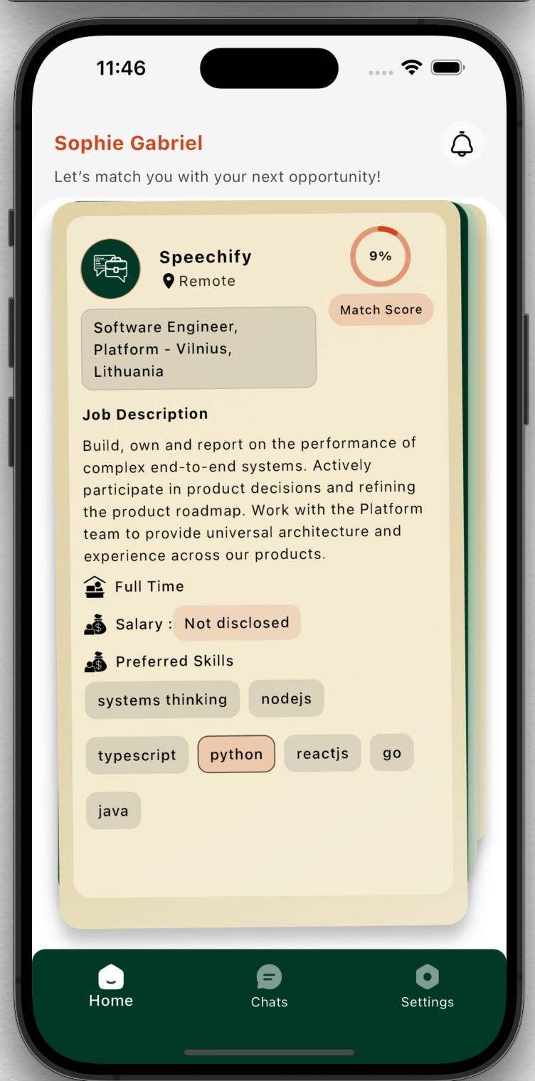 JobMinglr mobile app matches view on a beige background