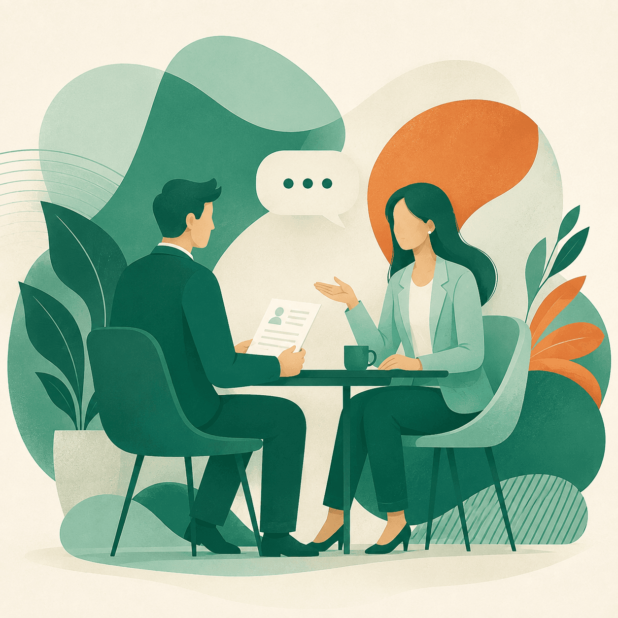 Two people talking across a small table, one holding a résumé, with a speech bubble between them.