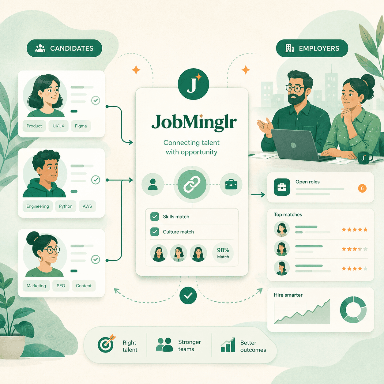 Candidate profiles with their skills on the left, JobMinglr matching in the centre showing a 98 percent match, and two employers reviewing their top matches and open roles on the right.