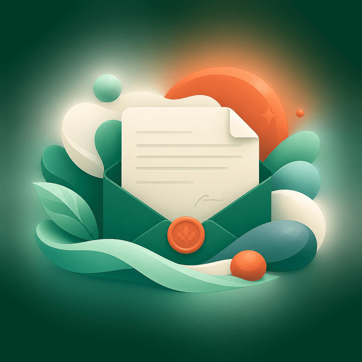 An open envelope with a letter emerging from it, sealed with a wax stamp.